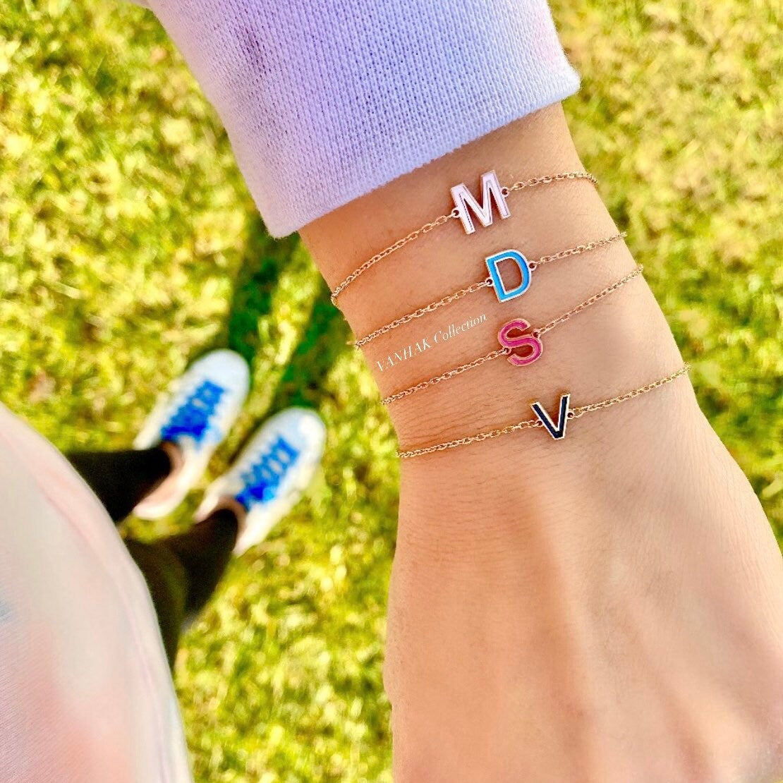 Enamel initial bracelets. Sterling silver and gold plated. Enamel letter bracelets. Personalized enamel bracelet.