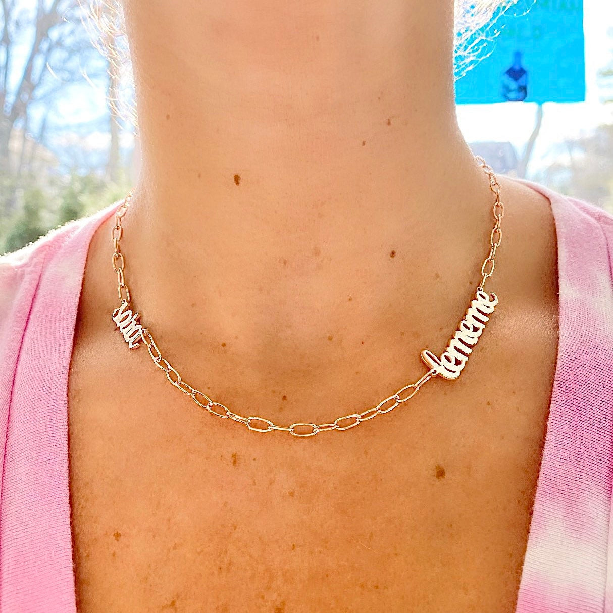 Custom name necklace/choker on paper clip chain. Personalized name necklace choker 2 names. Script nameplate. Sterling silver gold plated