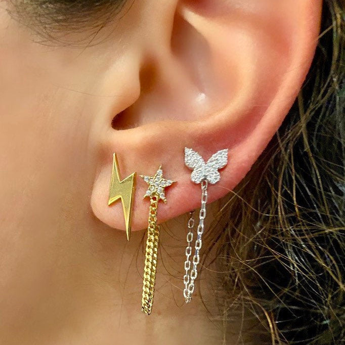 Pave butterfly chain earrings/studs. Chain earrings. Butterfly earrings. Sterling silver 14K gold plated. Gold, rose gold, silver.