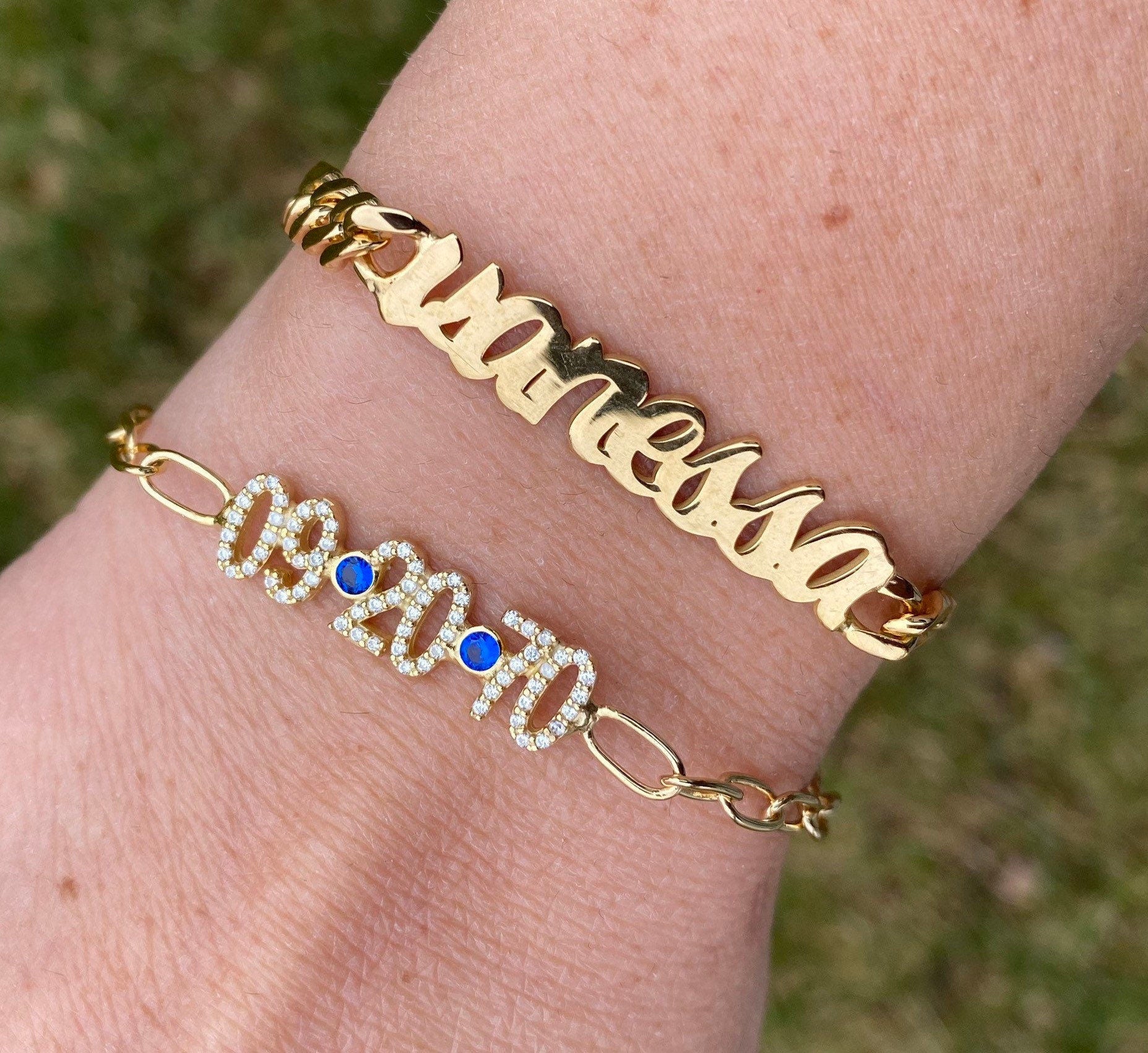 Custom date bracelet. Personalized date bracelet on a paper clip chain. Anniversary/Birthday bracelet. Sterling silver gold plated.