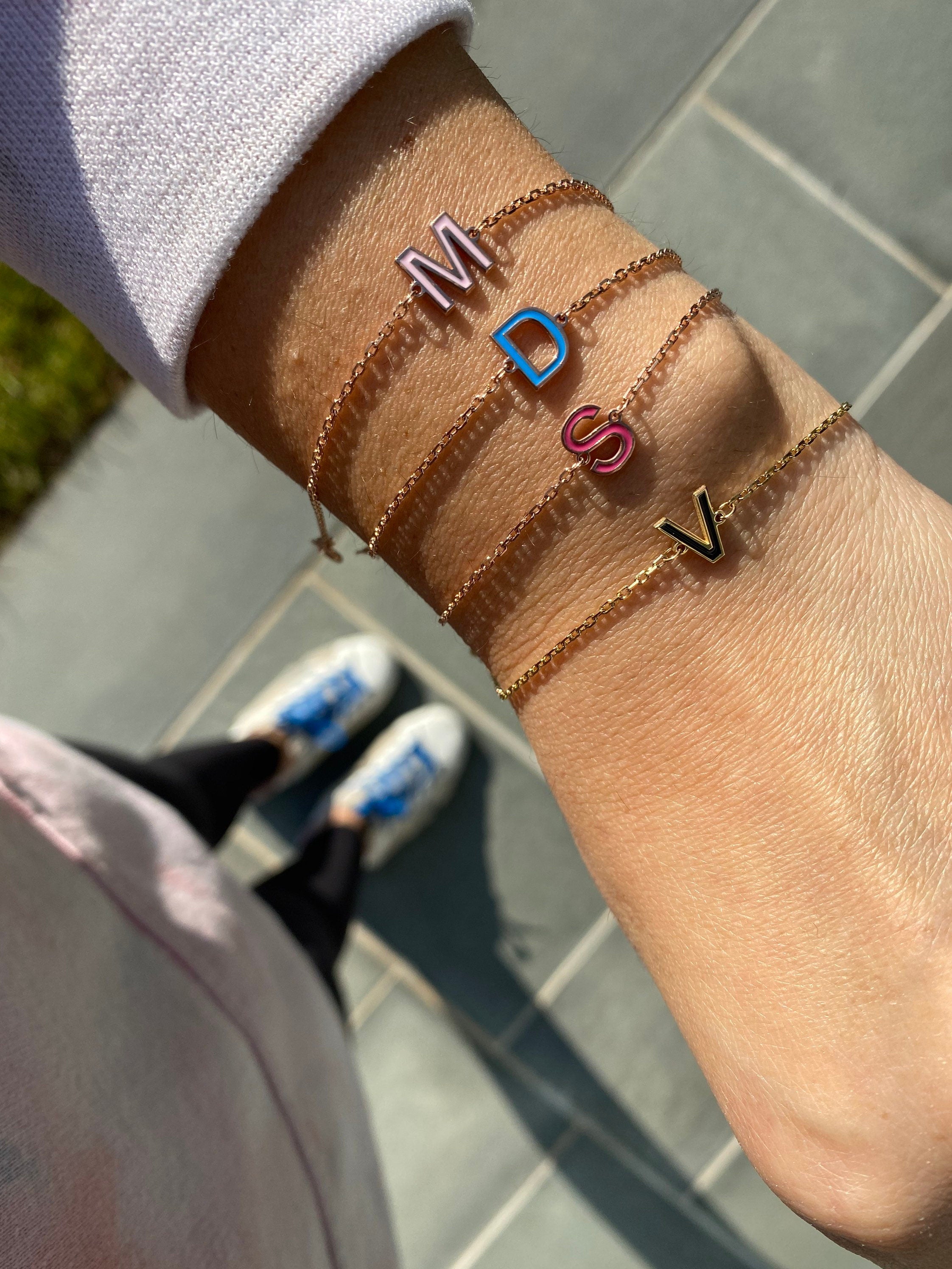 Enamel initial bracelets. Sterling silver and gold plated. Enamel letter bracelets. Personalized enamel bracelet.