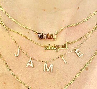 Personalized custom name choker necklace sterling silver and gold plated. Old English/gothic font nameplate