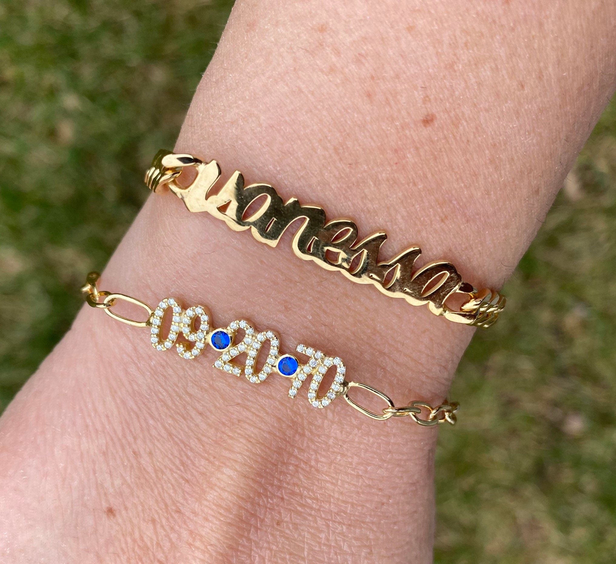 Custom name bracelet on a cuban link chain. Personalized script name bracelet. Sterling silver gold plated nameplate bracelet.