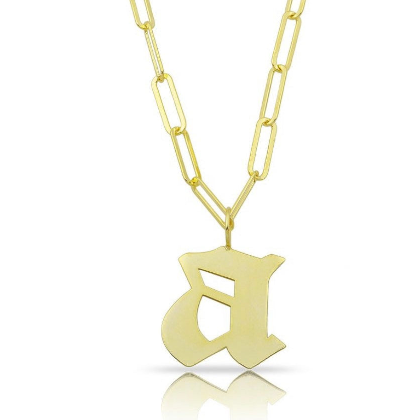 Initial necklace on a paper clip chain | Gothic initial necklace | Personalized old English font necklace/chain |Sterling silver gold plated
