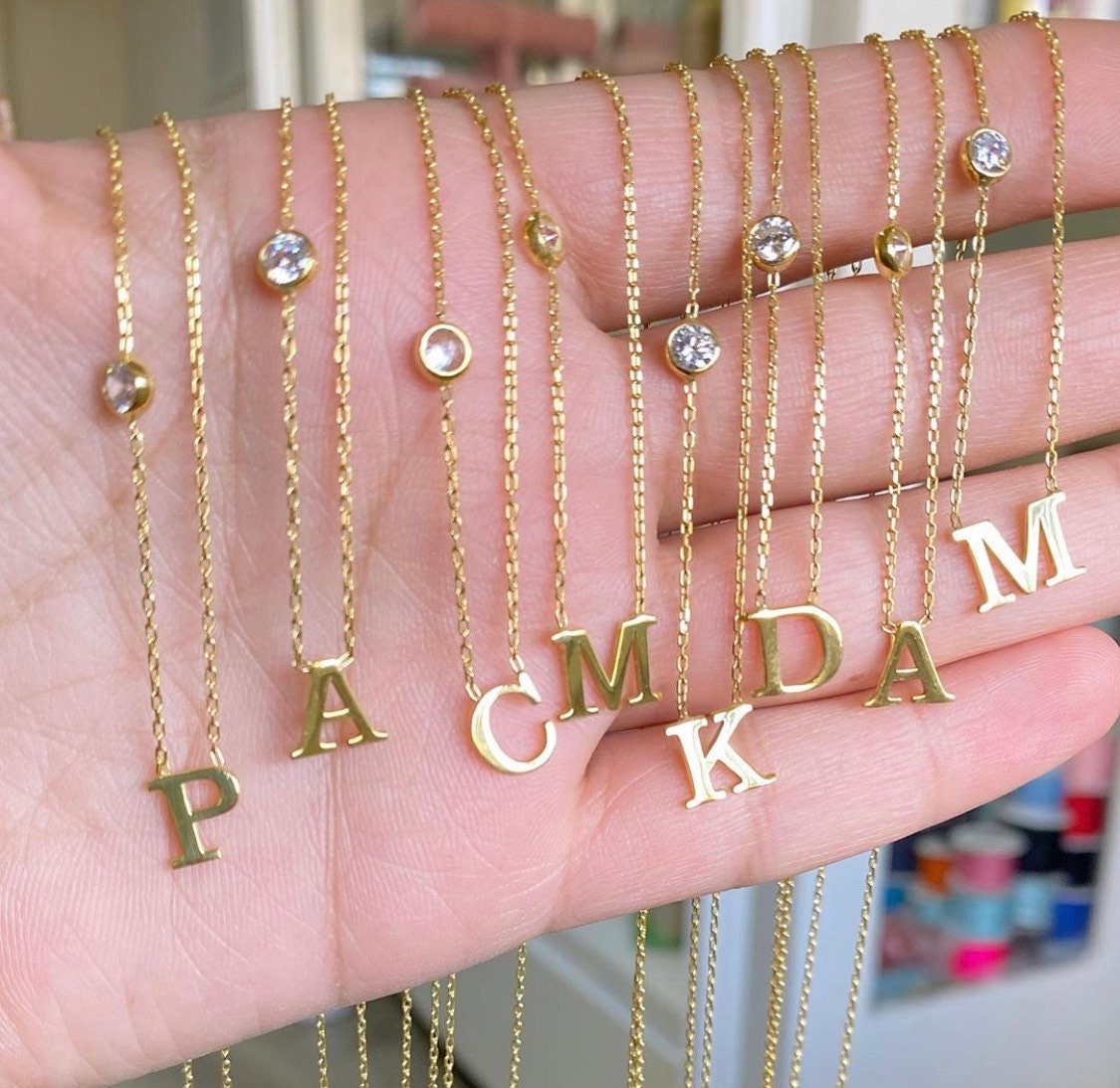 Initial necklace with bezel stone | dainty letter necklace | custom initial necklace | Sterling silver gold plated