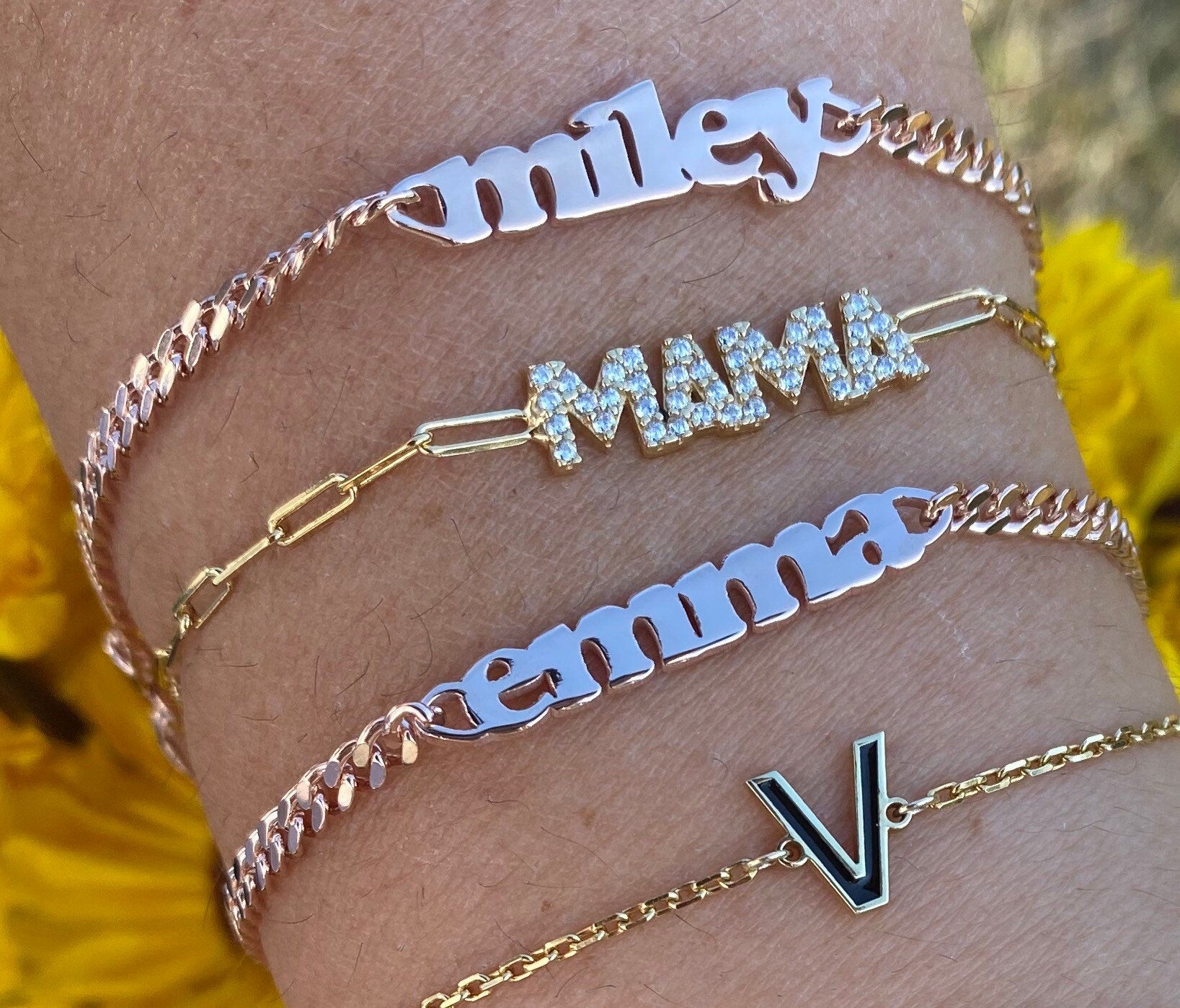 Custom name bracelet on a cuban link chain. Personalized name bracelet on a thin chain. Sterling silver gold plated nameplate bracelet.