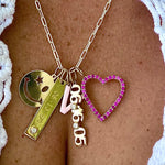 Smile wink charm. Date dog tag charm. Date bezel charm. Enamel initial charm. Pave heart charm. Sterling Silver Gold Plated.