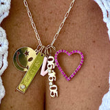 Smile wink charm. Date dog tag charm. Date bezel charm. Enamel initial charm. Pave heart charm. Sterling Silver Gold Plated.