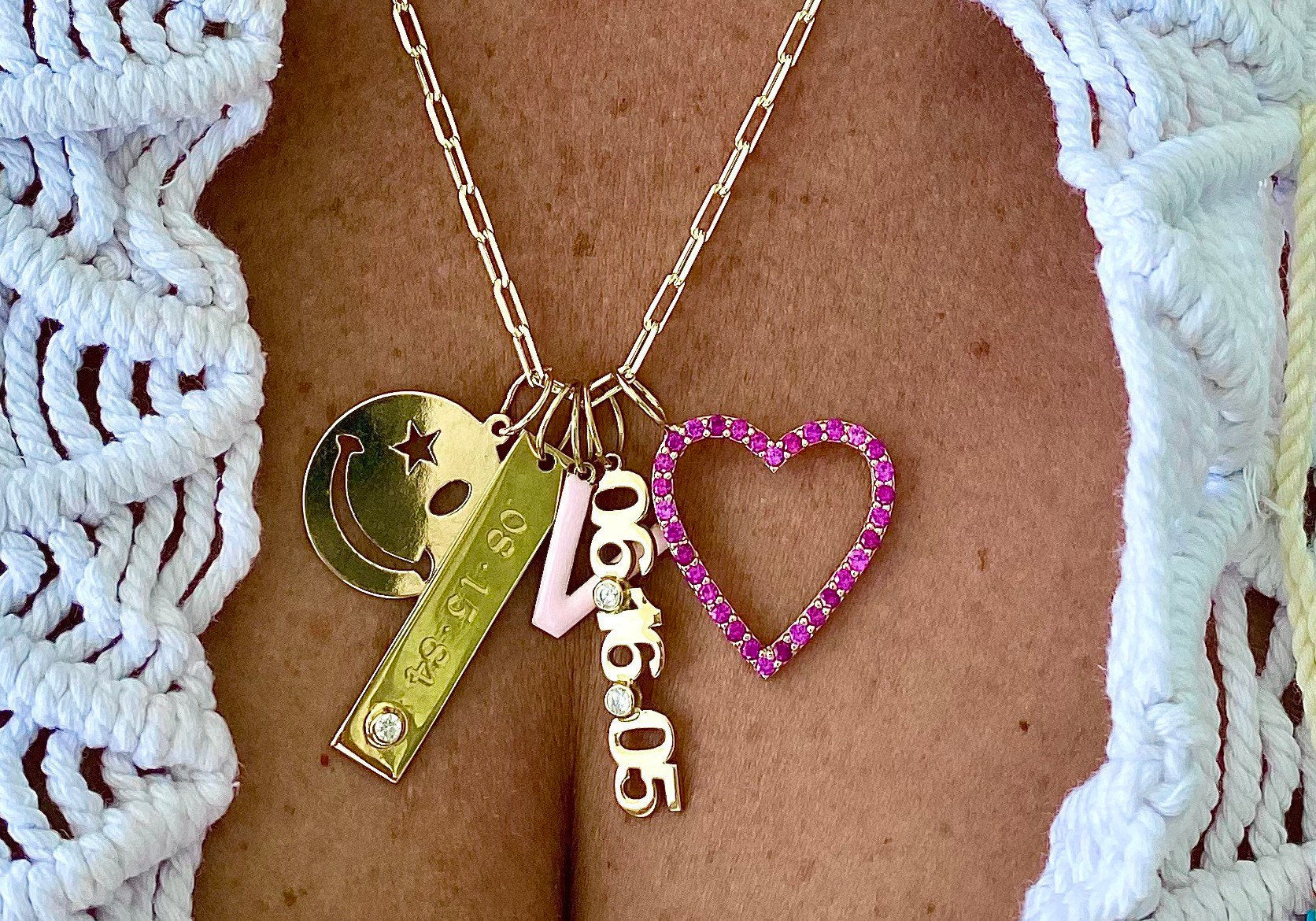 Smile wink charm. Date dog tag charm. Date bezel charm. Enamel initial charm. Pave heart charm. Sterling Silver Gold Plated.
