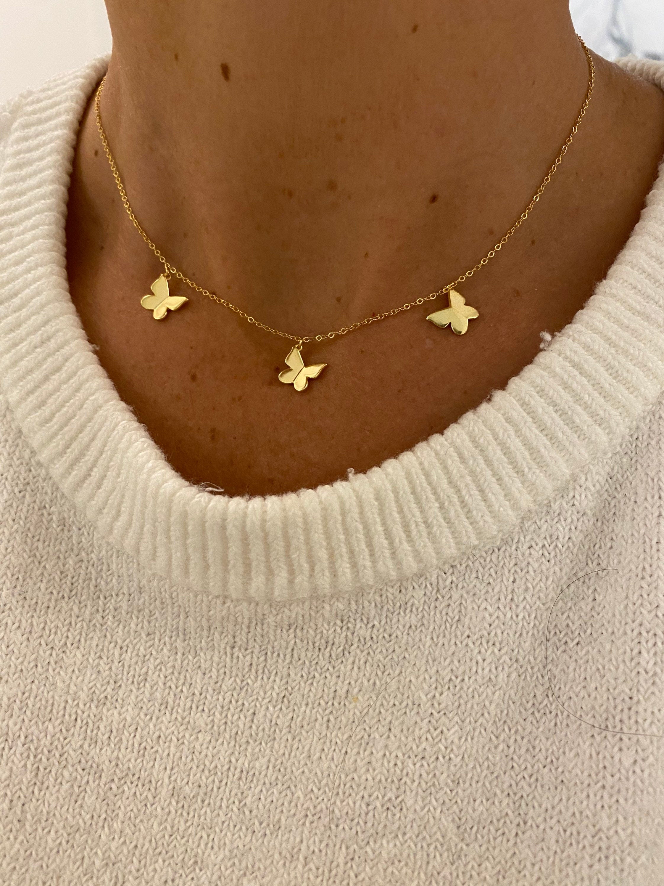 Gold butterfly necklace. Sterling silver 14K gold plated butterfly choker. Dangling butterflies necklace.