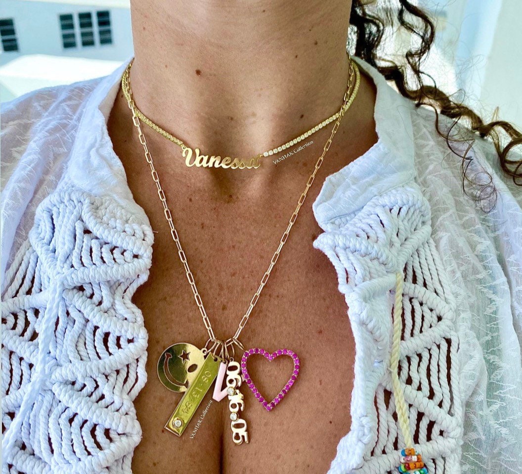 Smile wink charm. Date dog tag charm. Date bezel charm. Enamel initial charm. Pave heart charm. Sterling Silver Gold Plated.