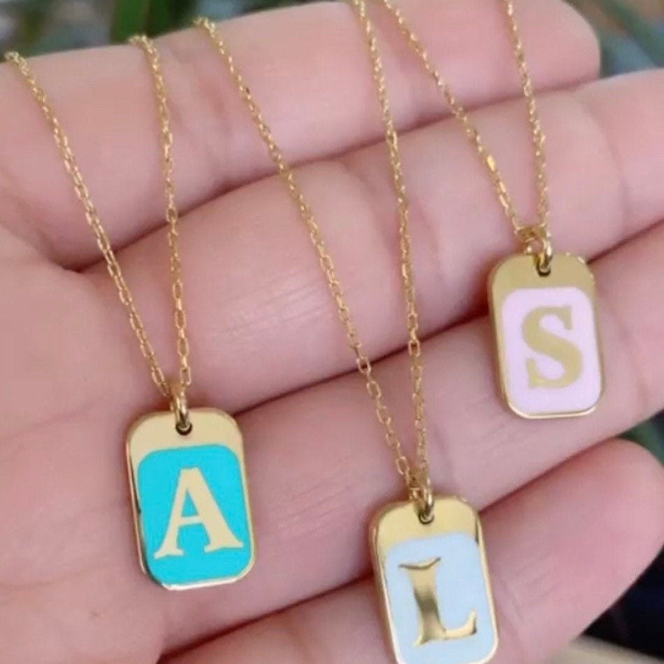 Sterling silver 14K gold plated Enamel Initial Necklaces | enamel Dog Tag Initial Letter Necklaces | Personalized initial Jewelry