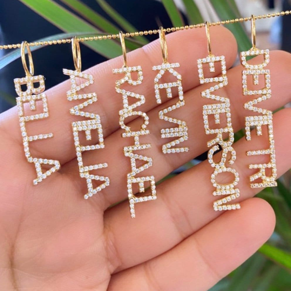 As seen on Carrie Nachmani. Personalized Pave Name Charms. Diamond Charms. CZ charms. Custom name charms.