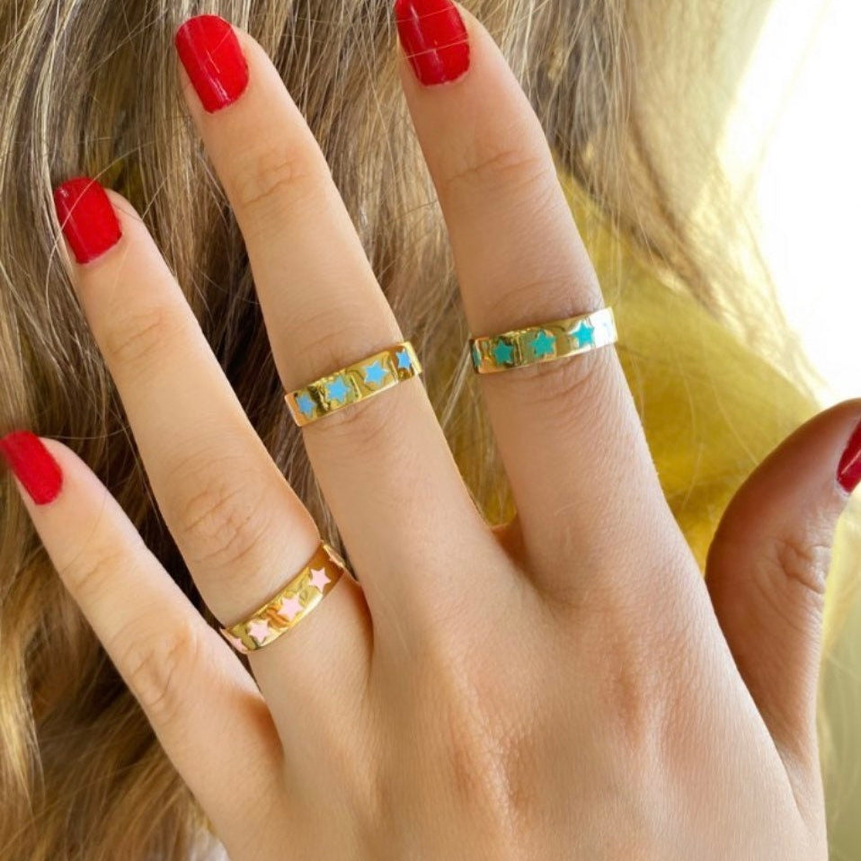 Colorful Enamel star Rings and Bands in Sterling Silver gold plated (as pictured) | star enamel ring | enamel stack ring