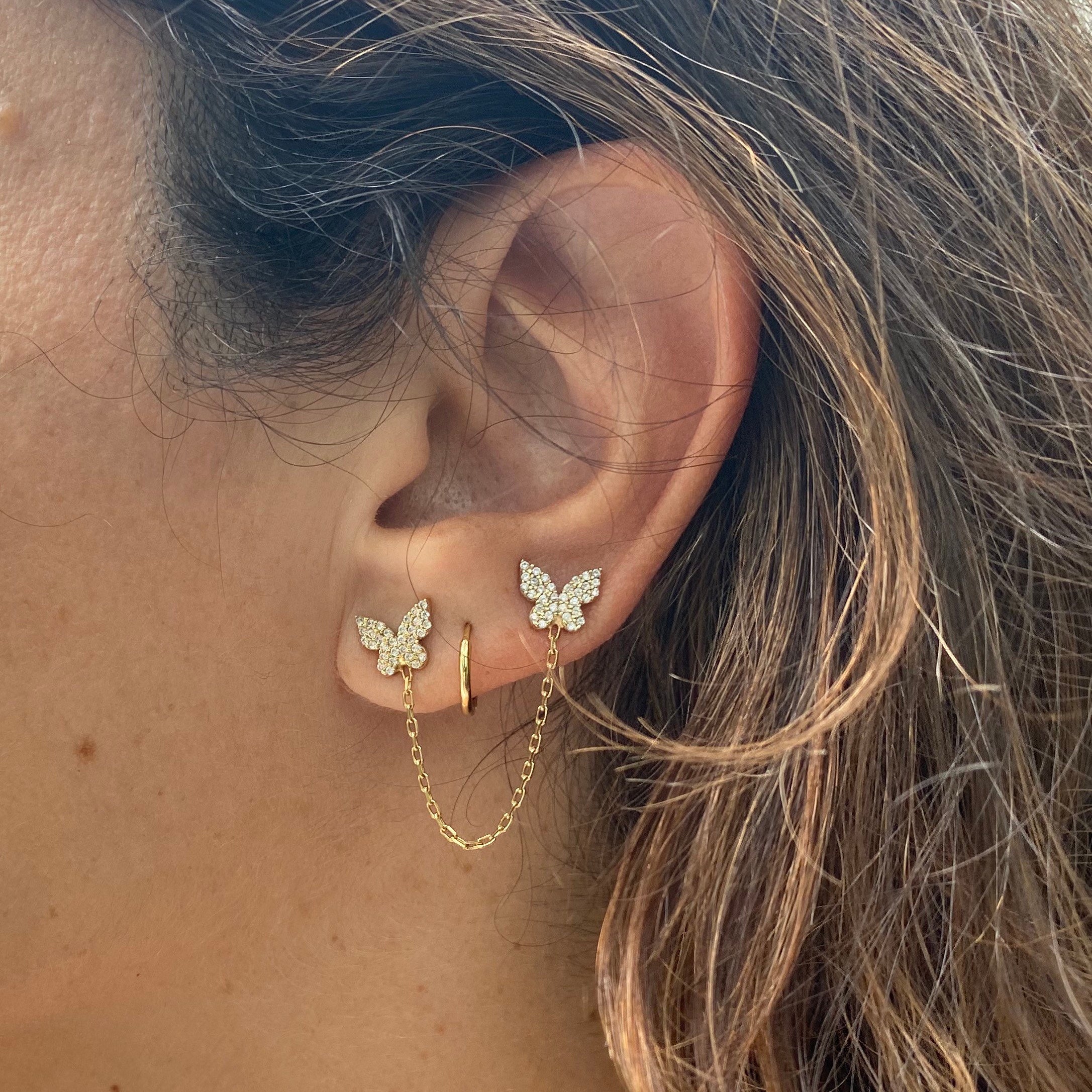 Pave double butterfly chain earrings/studs. Chain earrings. Butterfly earrings. Sterling silver 14K gold plated. Gold, rose gold, silver.