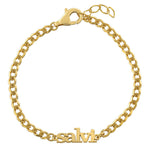 Custom name bracelet on a cuban link chain. Personalized name bracelet on a curb chain. Sterling silver gold plated nameplate bracelet.