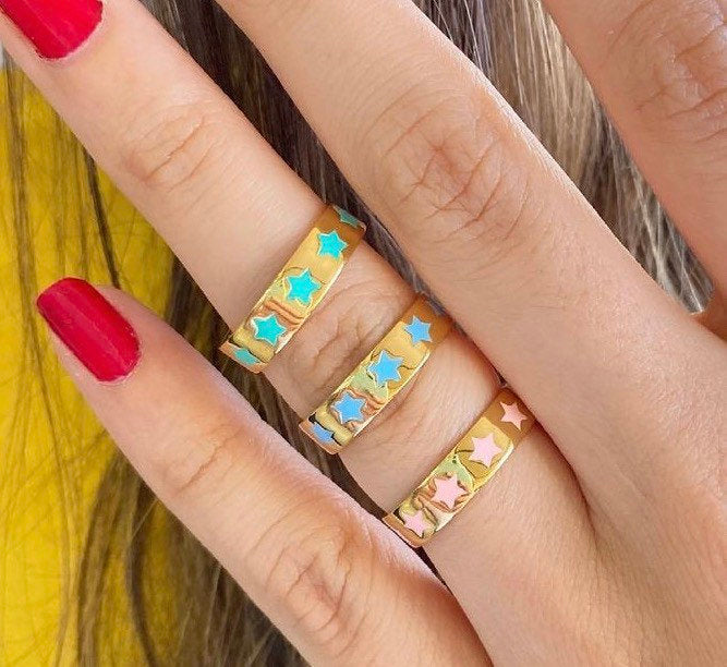 Colorful Enamel star Rings and Bands in Sterling Silver gold plated (as pictured) | star enamel ring | enamel stack ring