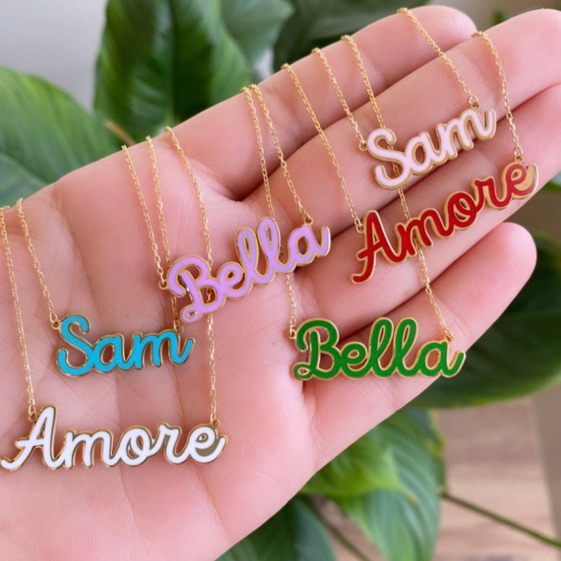 Sterling silver 14K gold plated Enamel Script Miley Nameplate Necklace | Enamel Hebrew Name Necklace | Personalized enamel script Jewelry