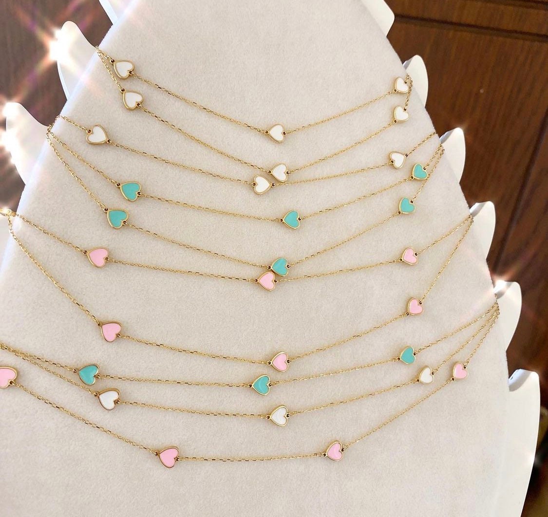 Sterling silver and gold plated heart enamel necklace. Enamel heart necklace. Enamel hearts necklace.