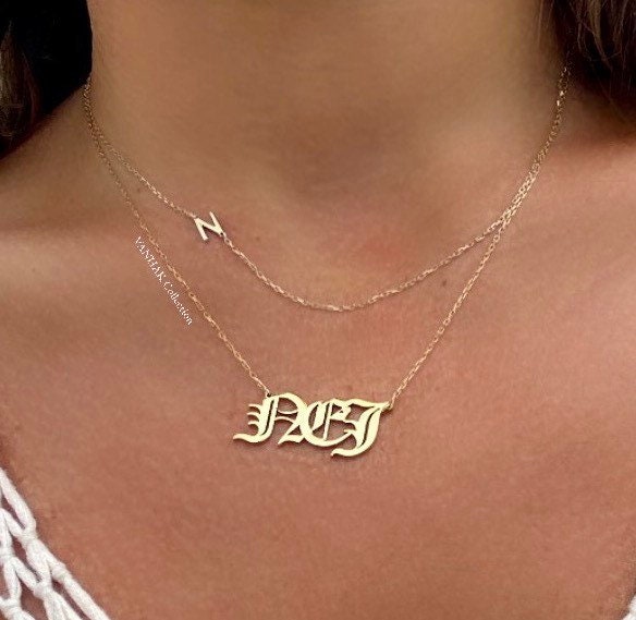Sideways initial / letter necklace. 1 2 3 4 5 initials | Sterling Silver 14K Gold Plated | asymmetrical Personalized initial necklace