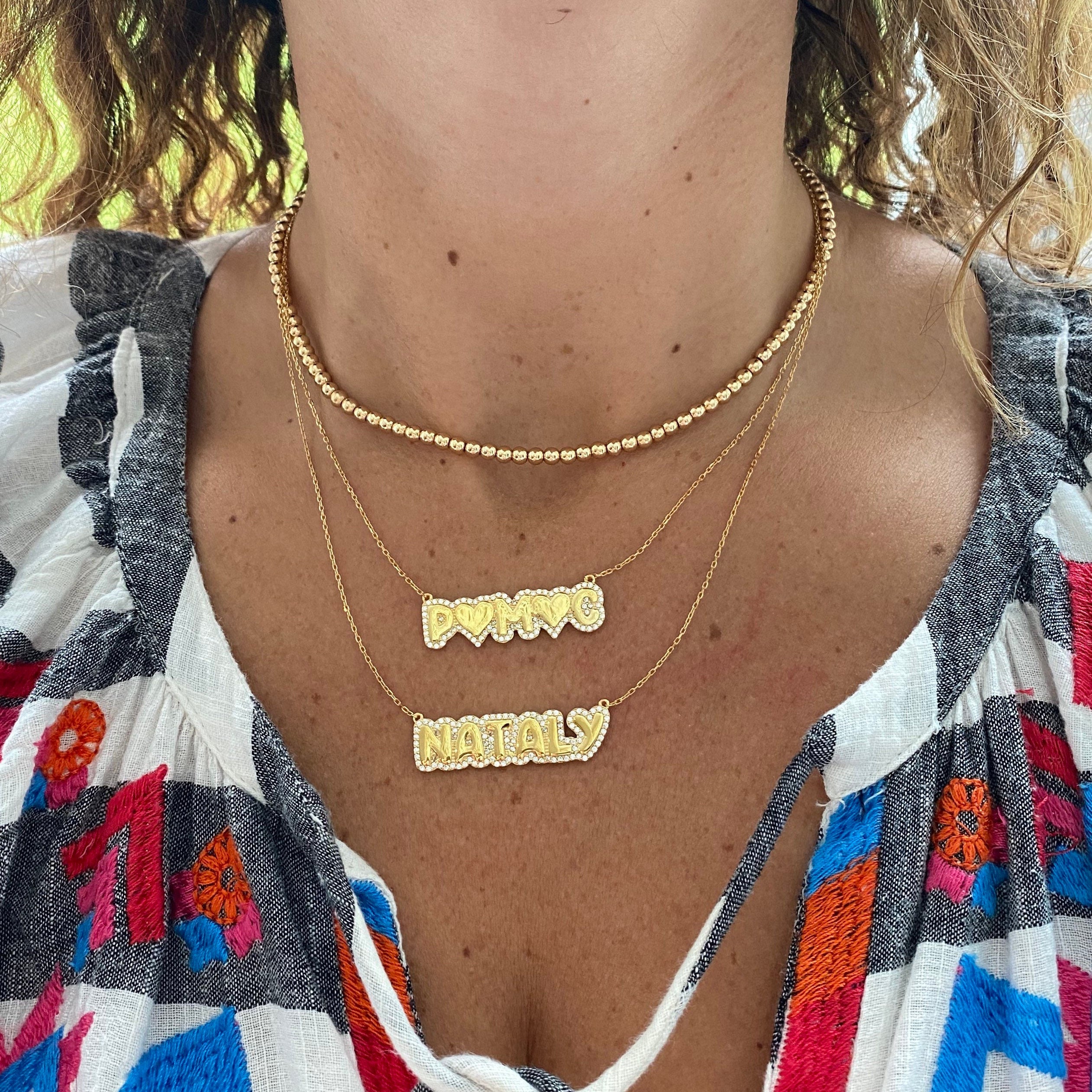 personalized pave outline necklace. Custom Emily pave outline necklace. Personalized bubble necklace. Custom bubble name necklace.