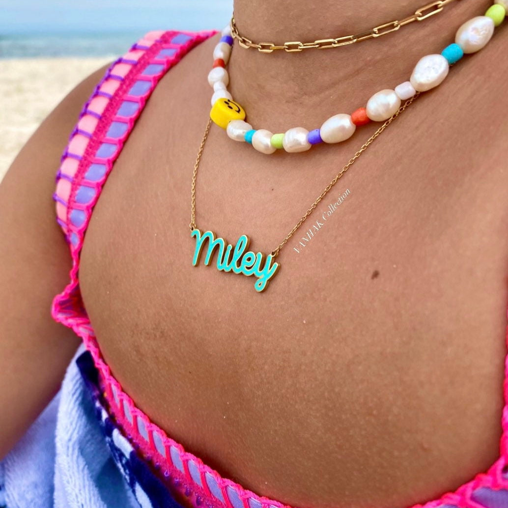 Sterling silver 14K gold plated Enamel Script Miley Nameplate Necklace | Enamel Hebrew Name Necklace | Personalized enamel script Jewelry