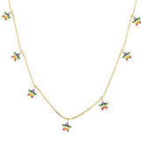 Rainbow dangling stars necklace. Rainbow dangling star choker. Multi-color star necklace. Gold, rose gold and silver.