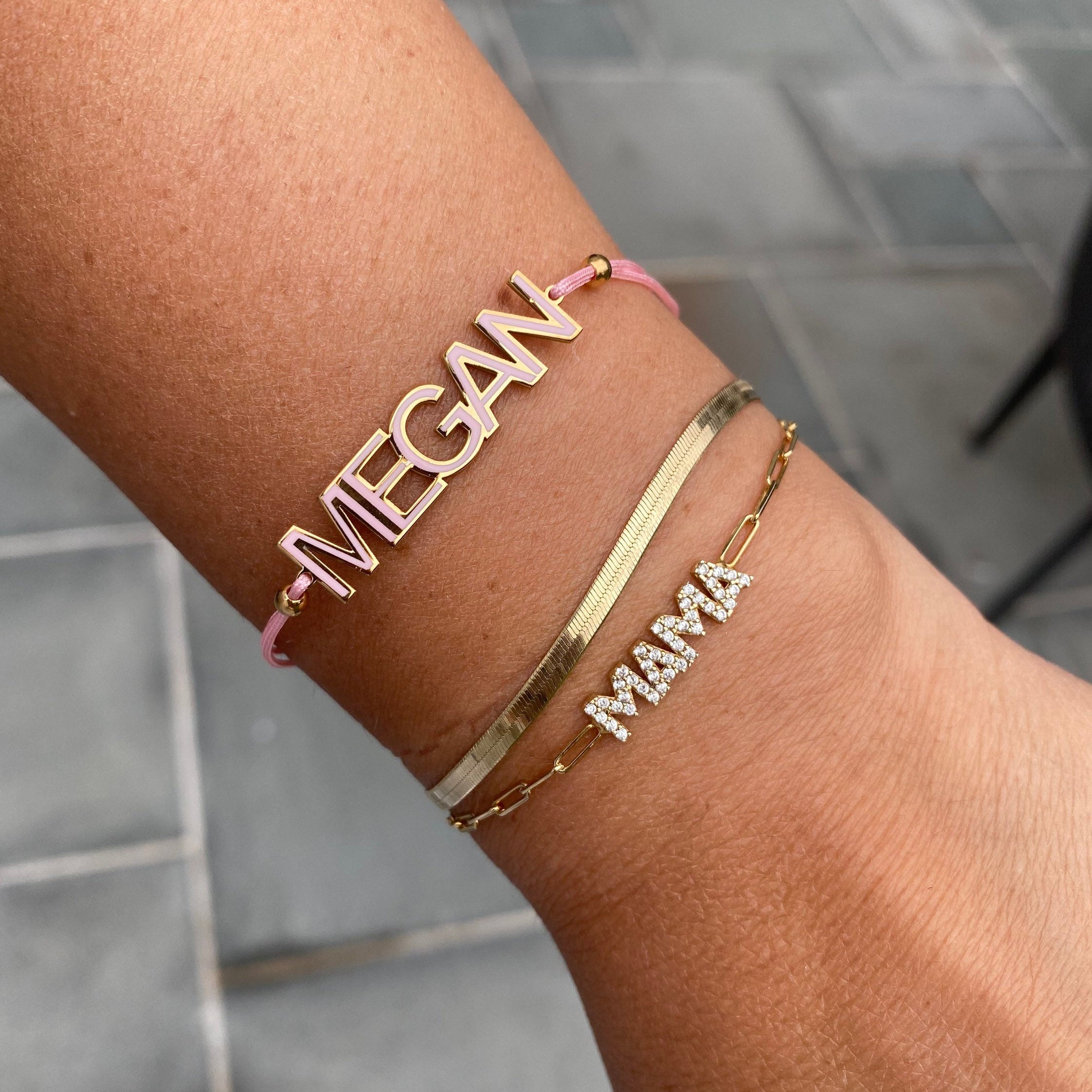 Nameplate string bracelet. Name bracelet. Personalized string bracelets. Custom string bracelets. Enamel name nameplate bracelet.