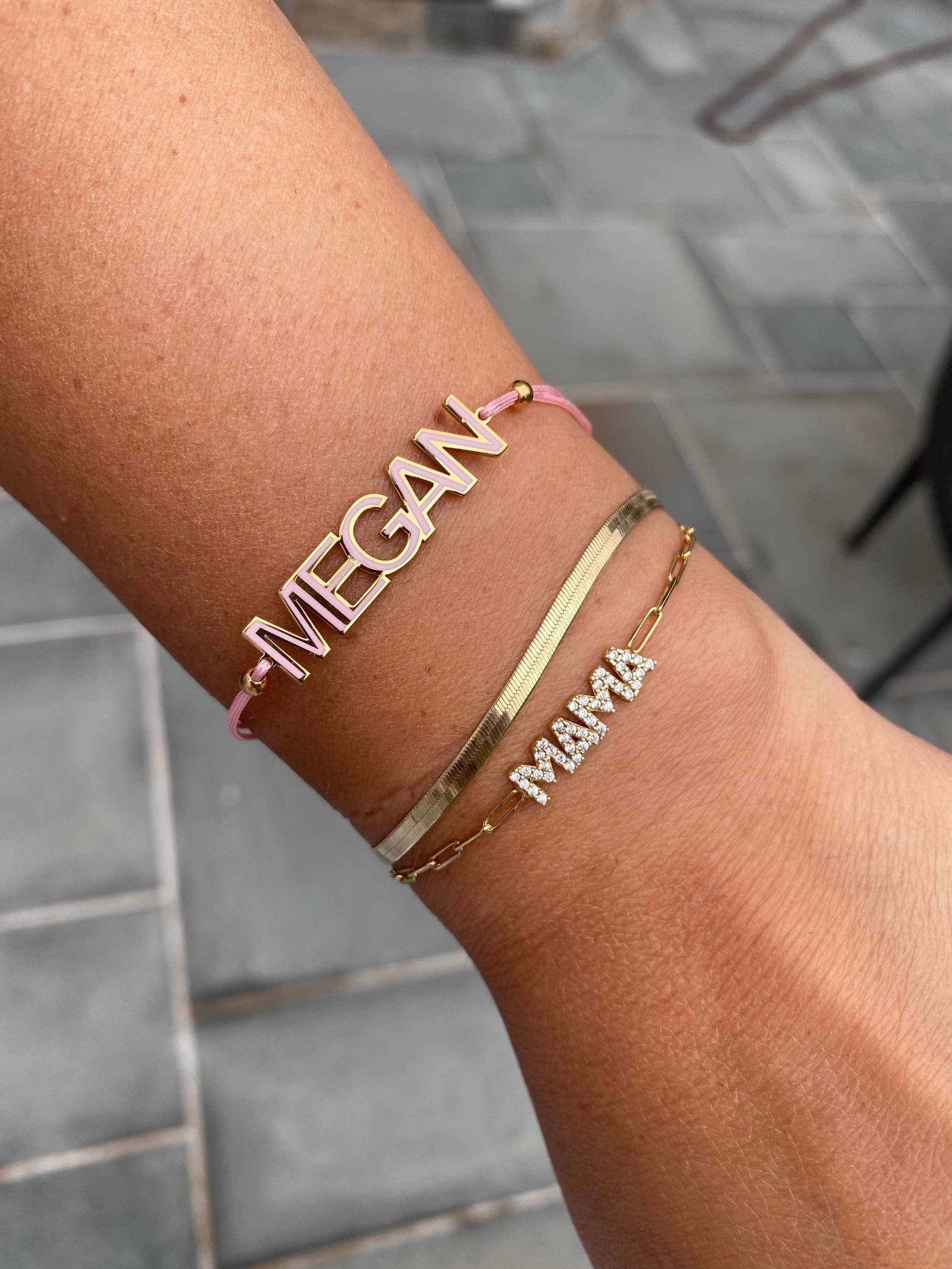 Nameplate string bracelet. Name bracelet. Personalized string bracelets. Custom string bracelets. Enamel name nameplate bracelet.