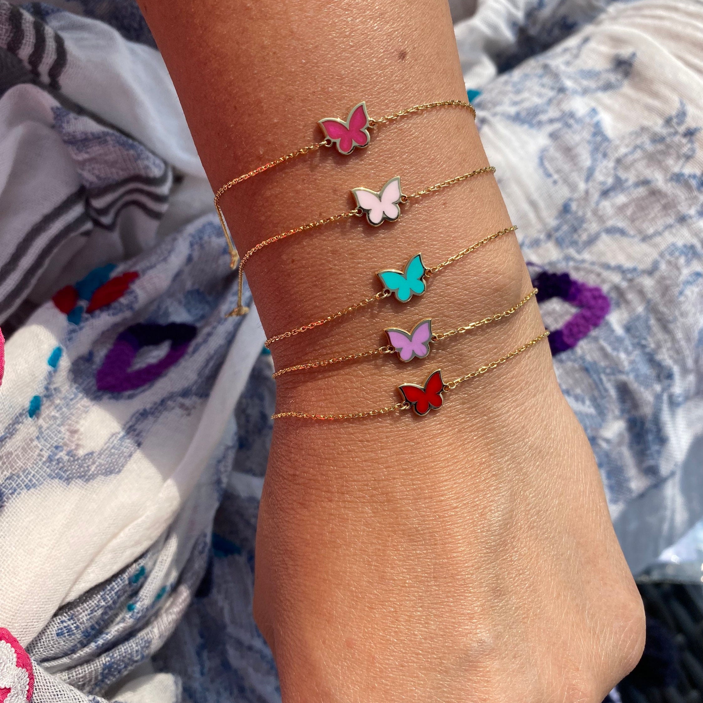 Sterling silver and gold plated enamel butterfly bracelets. Butterfly jewelry. Colorful butterfly bracelets.