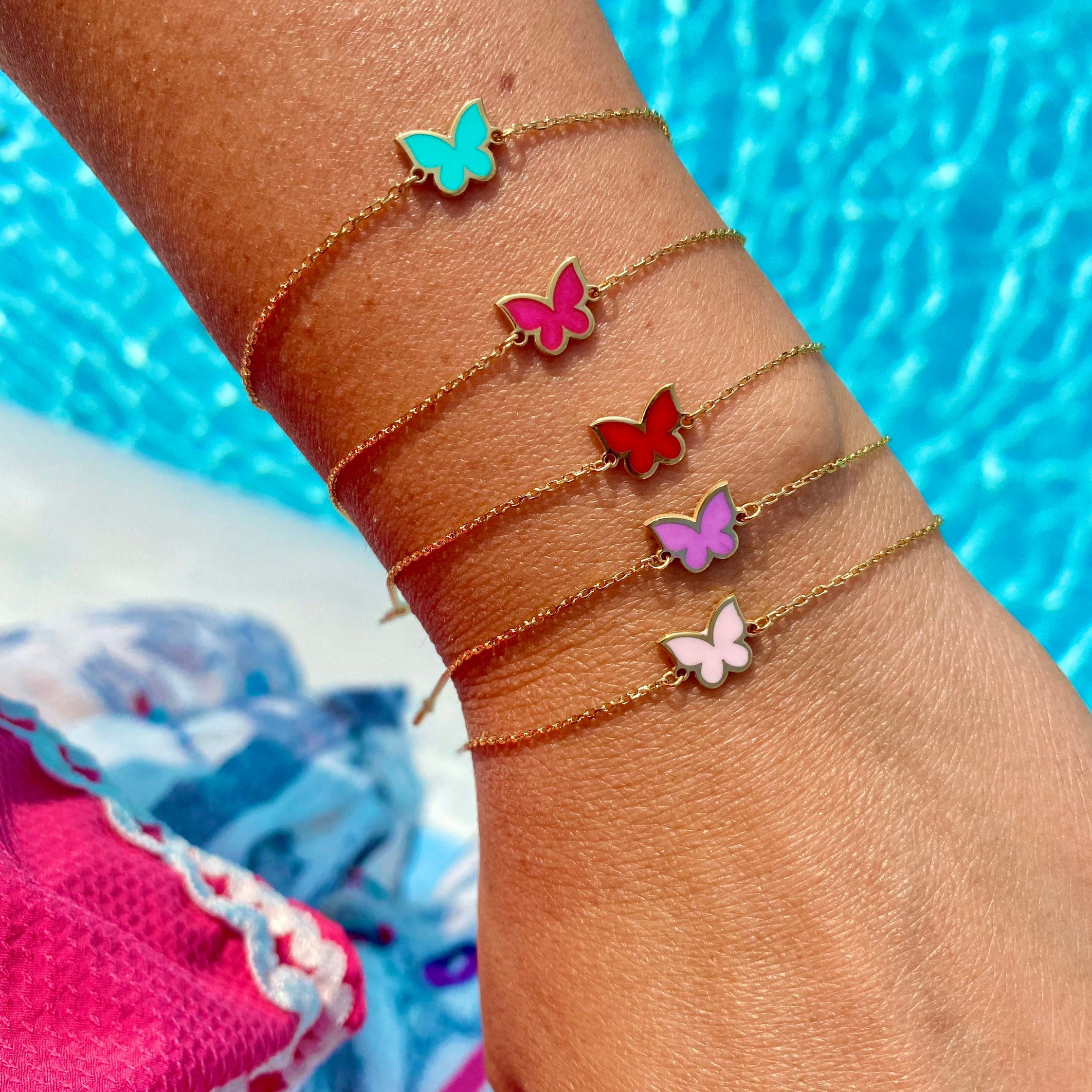 Sterling silver and gold plated enamel butterfly bracelets. Butterfly jewelry. Colorful butterfly bracelets.