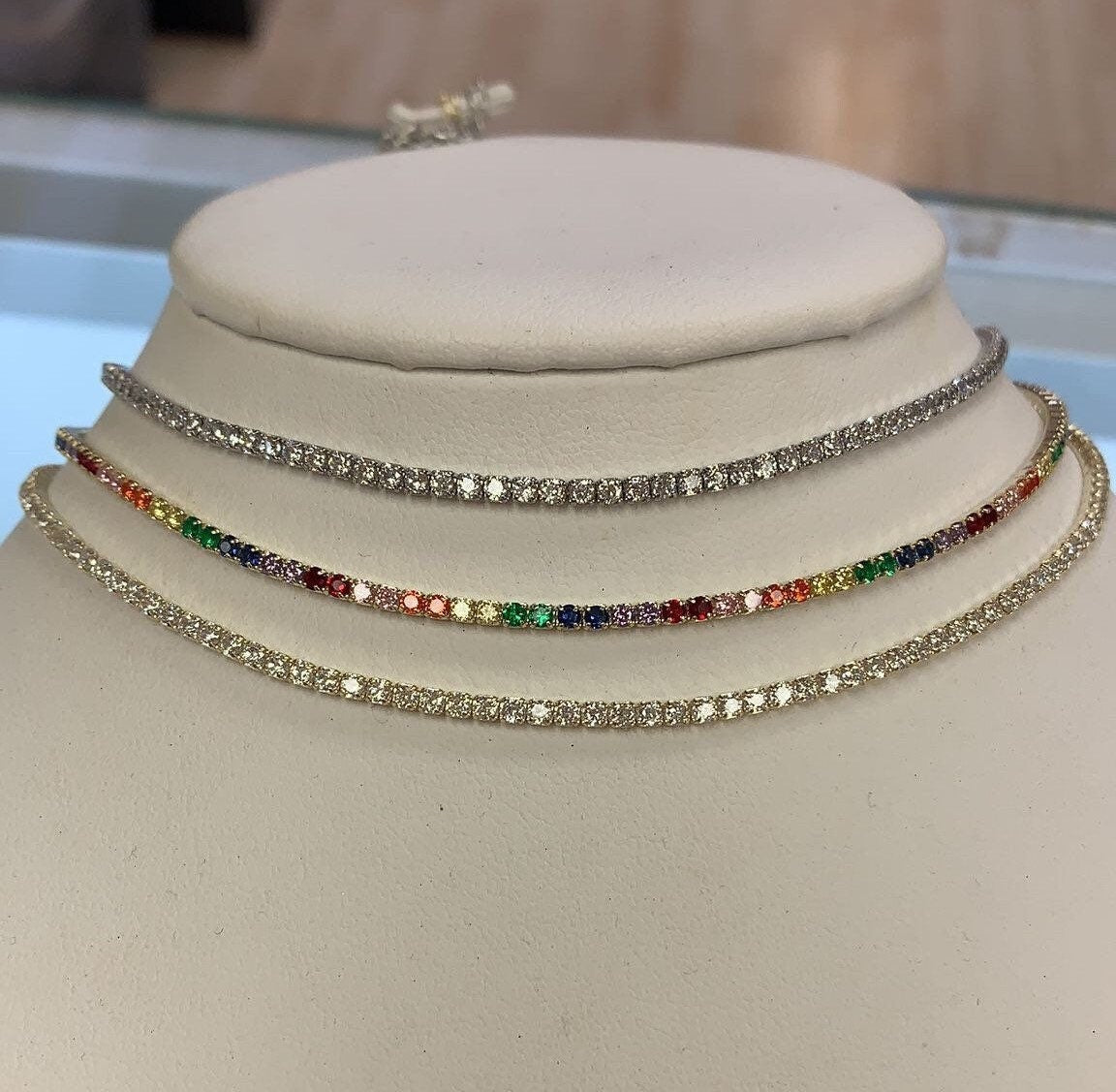Sterling silver gold plated tennis choker. Sterling silver gold plated tennis necklace. Rainbow tennis choker. Rainbow tennis necklace.