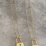 Initial lock necklace on a paper clip chain. Engraved. Personalized lock necklace. Sterling silver and 14K gold plated. Initial lock choker.