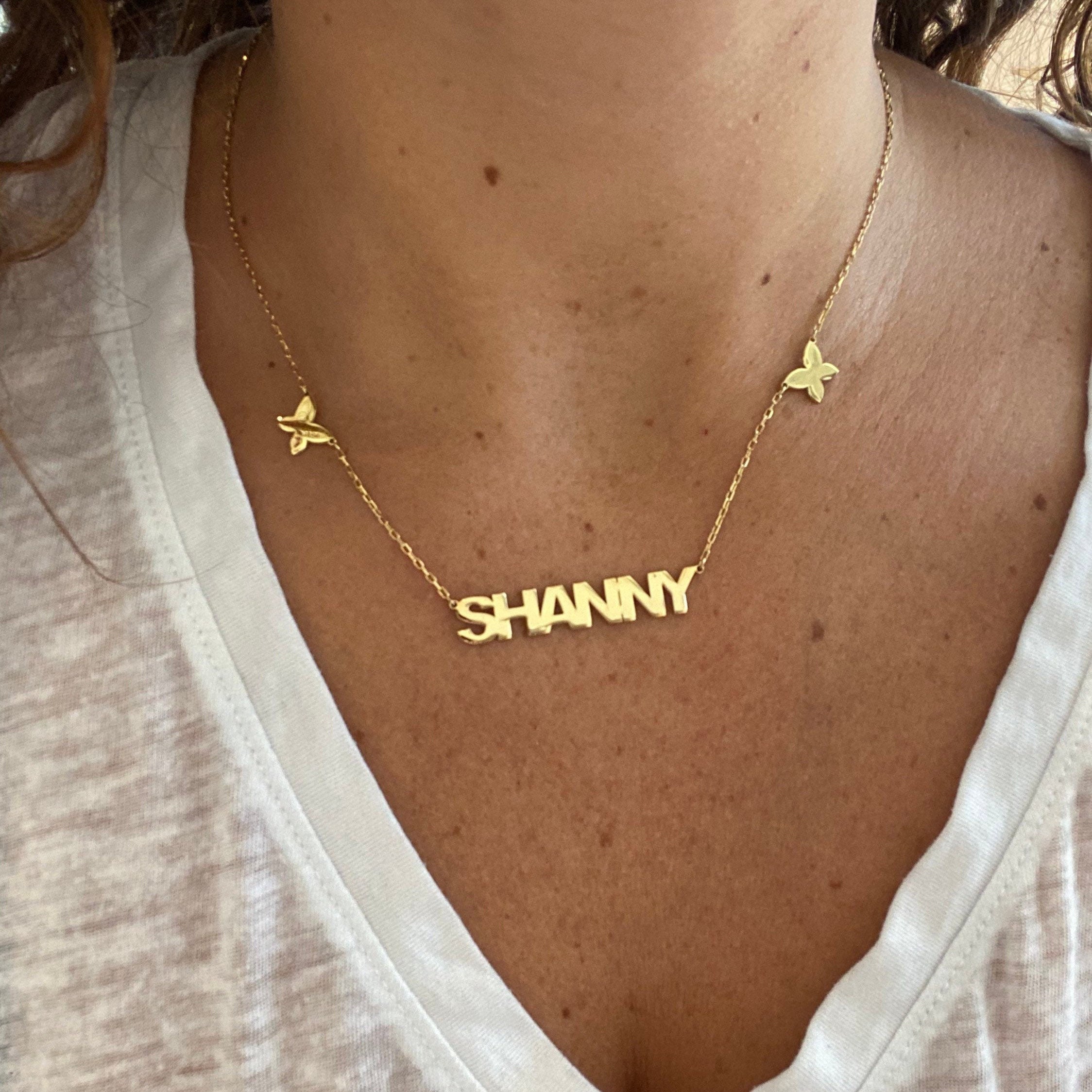 Nameplate with butterflies | personalized name necklace with butterflies |Sterling silver and 14K gold plated butterfly nameplate necklace