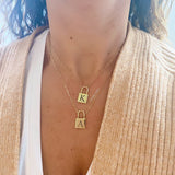 Initial lock necklace on a paper clip chain. Engraved. Personalized lock necklace. Sterling silver and 14K gold plated. Initial lock choker.