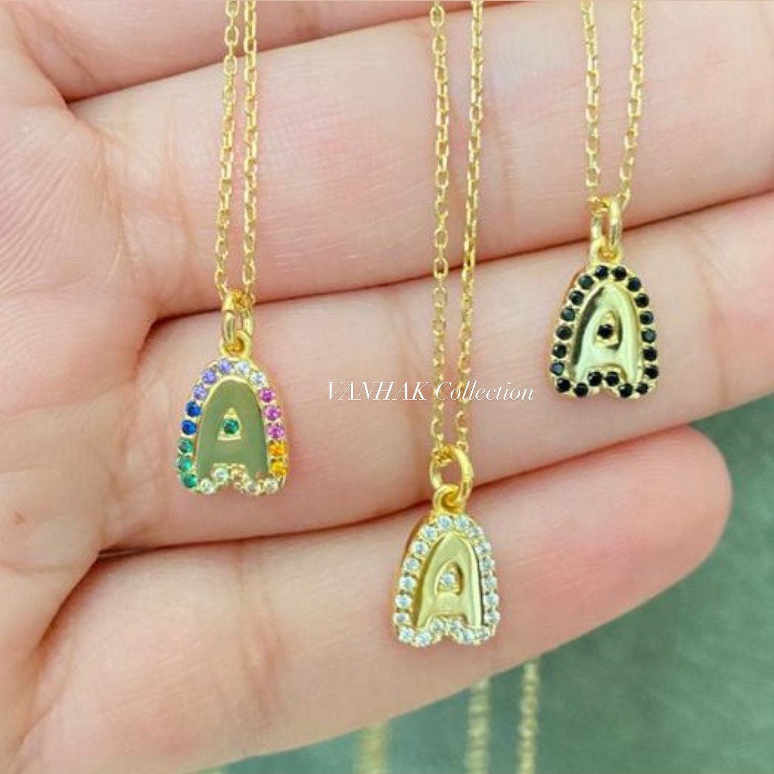 NEW personalized pave outline enamel initial necklace. Custom enamel pave initial necklace. Personalized enamel bubble initial necklace.