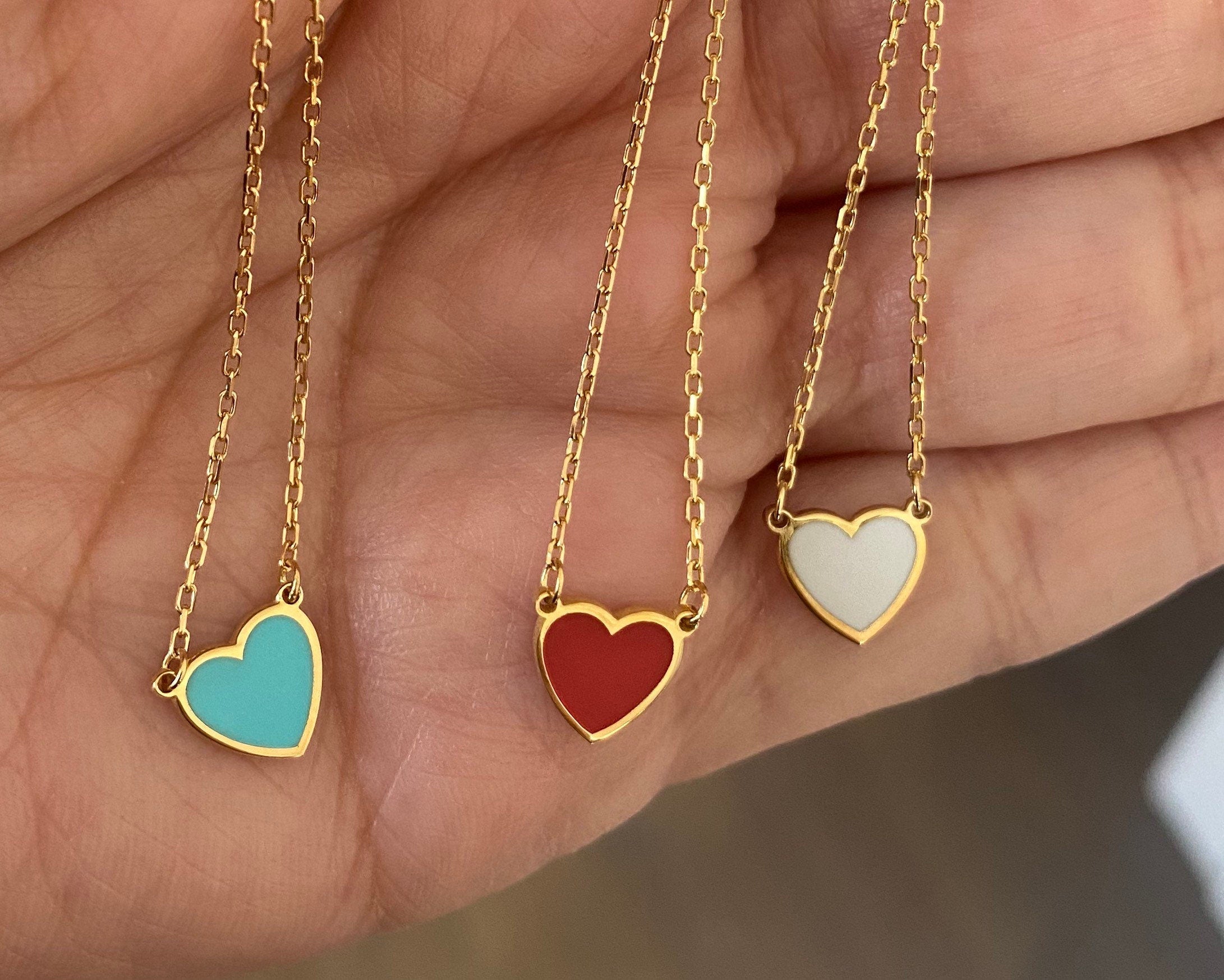Sterling silver and gold plated mini heart enamel necklace. Enamel heart necklace. Enamel heart choker.