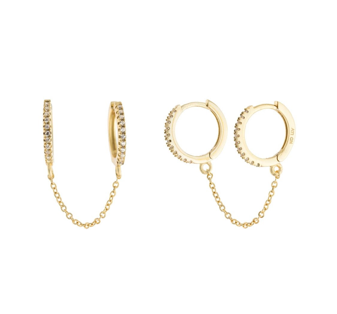 CZ Pave double huggie chain earrings | Huggie chain earring | Sterling silver 14K gold plated |