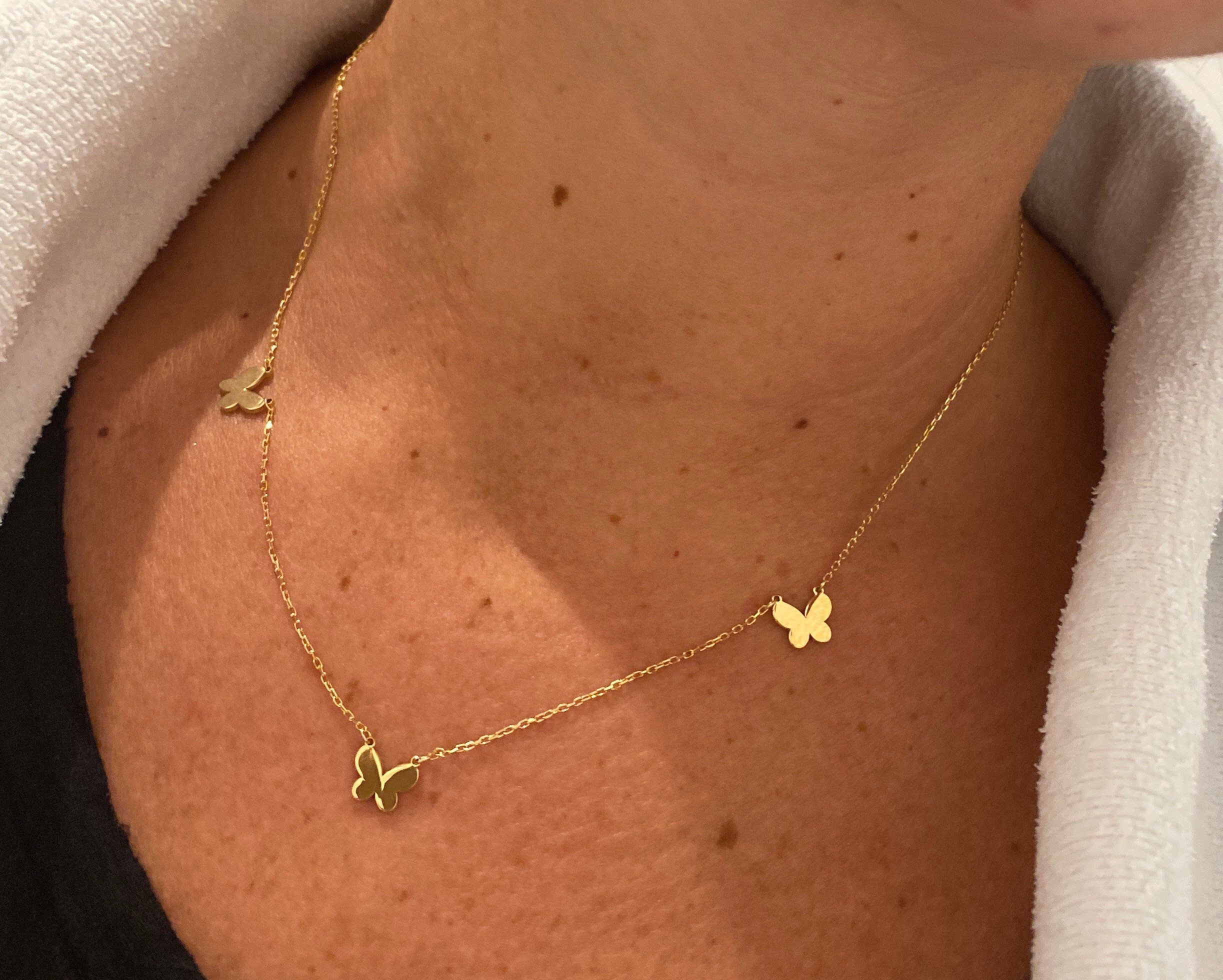 Gold, rose gold, sterling silver butterfly necklace. Sterling silver 14K gold plated butterfly choker. Triple butterfly necklace.