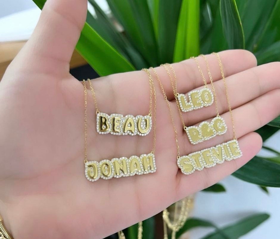 personalized pave outline necklace. Custom Emily pave outline necklace. Personalized bubble necklace. Custom bubble name necklace.