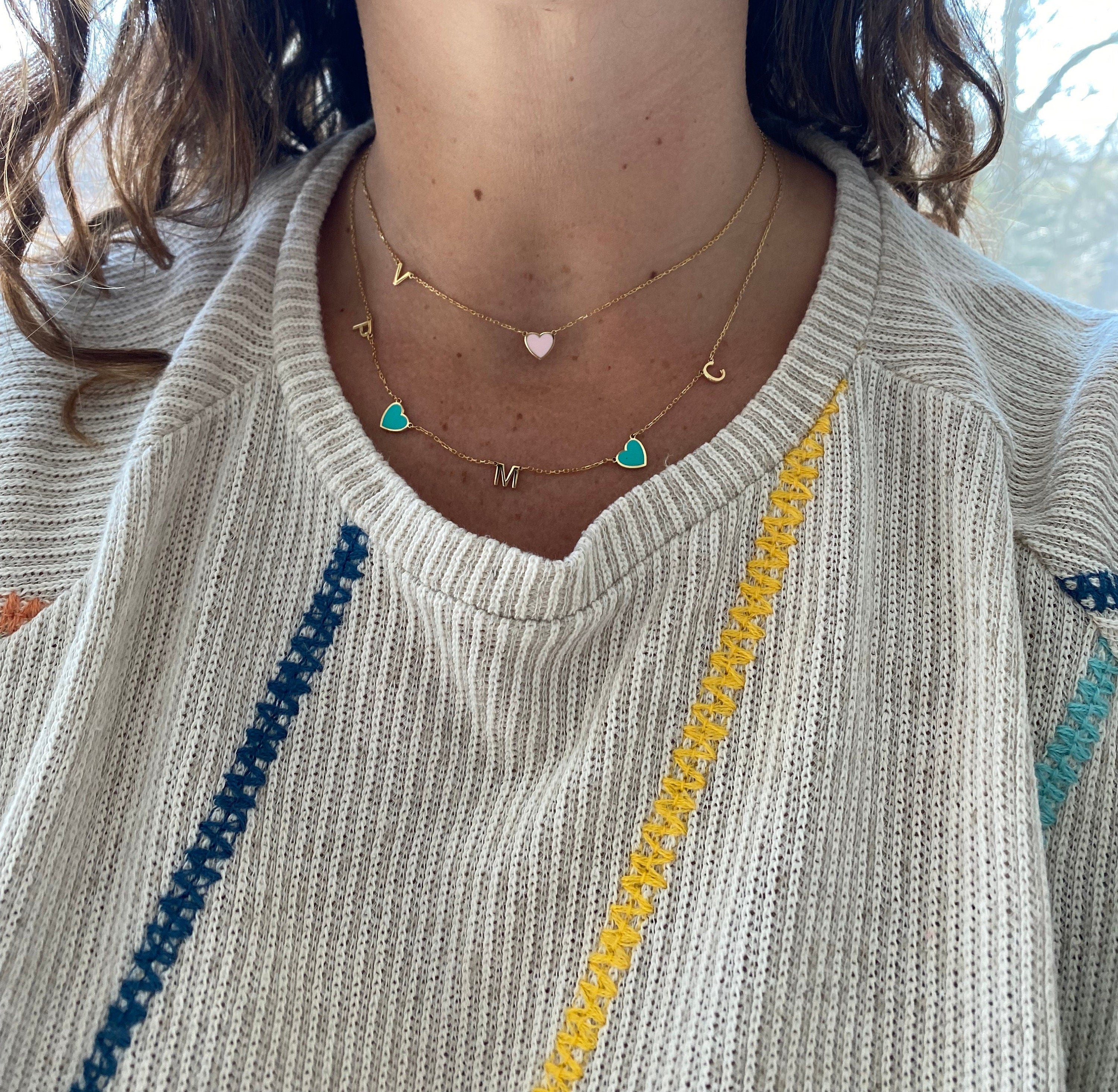 Sideways initial necklace / mommy initial necklace | Sterling Silver 14K Gold Plated | asymmetrical enamel heart personalized necklace