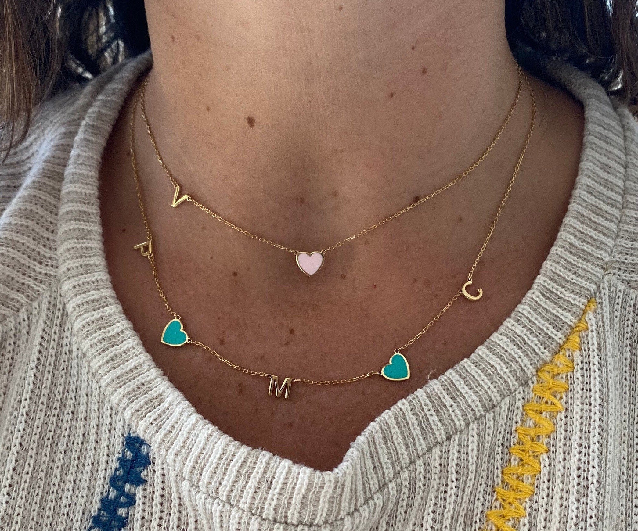 Sideways initial necklace / mommy initial necklace | Sterling Silver 14K Gold Plated | asymmetrical enamel heart personalized necklace