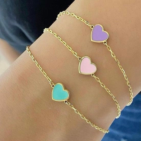 Mini enamel heart bracelet. enamel heart bracelet. Custom enamel heart bracelet. Pretty bracelets. Heart jewelry.