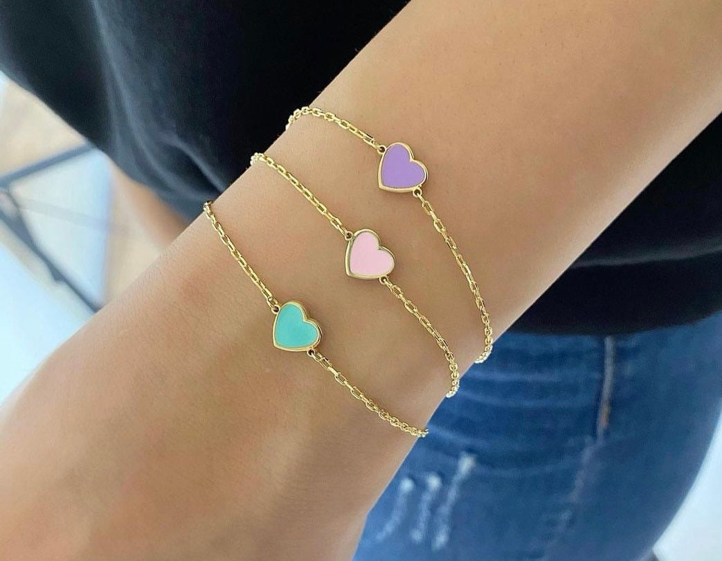 Mini enamel heart bracelet. enamel heart bracelet. Custom enamel heart bracelet. Pretty bracelets. Heart jewelry.