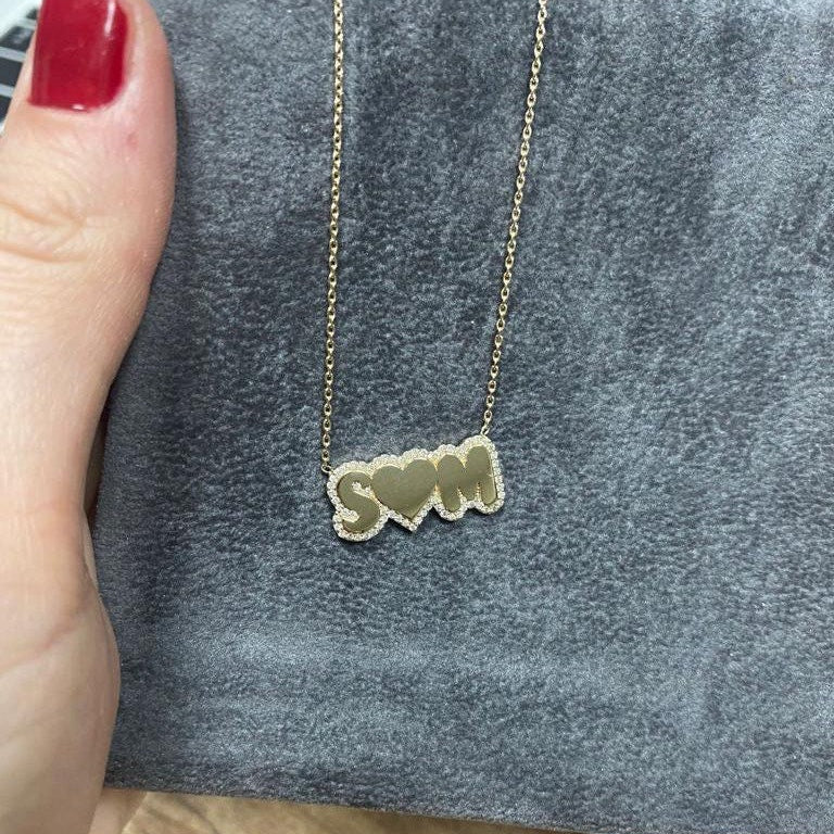14K gold and diamond pave outline necklace. Custom pave outline necklace. Personalized 14K gold bubble necklace. Custom 14K bubble necklace