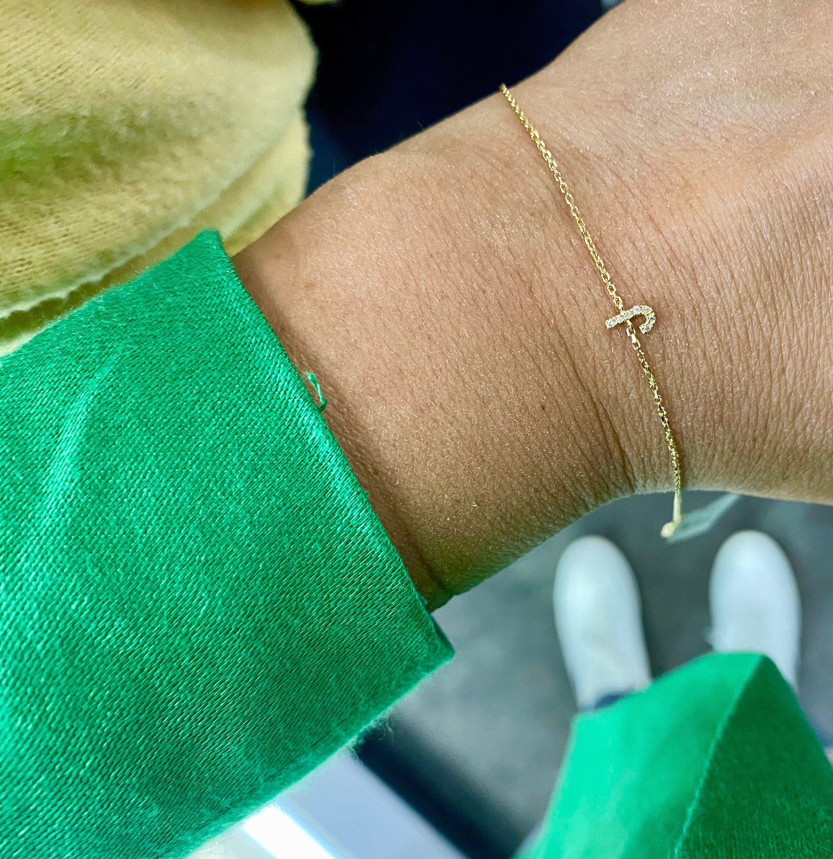 14K gold and diamonds initial bracelet | custom 14K gold letter bracelet | personalized 14K gold and diamonds mini pave initial bracelet