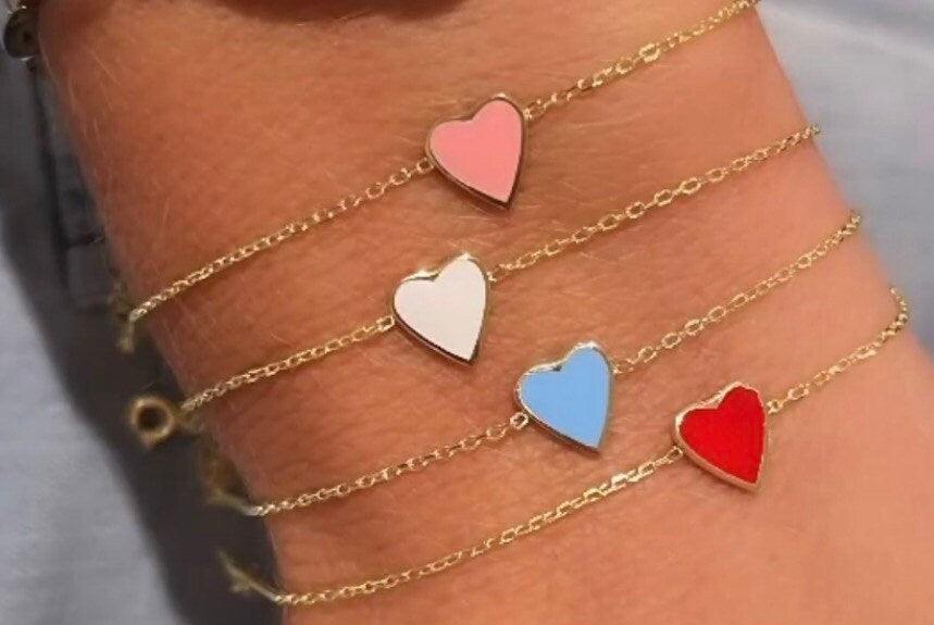 Mini enamel heart bracelet. enamel heart bracelet. Custom enamel heart bracelet. Pretty bracelets. Heart jewelry.