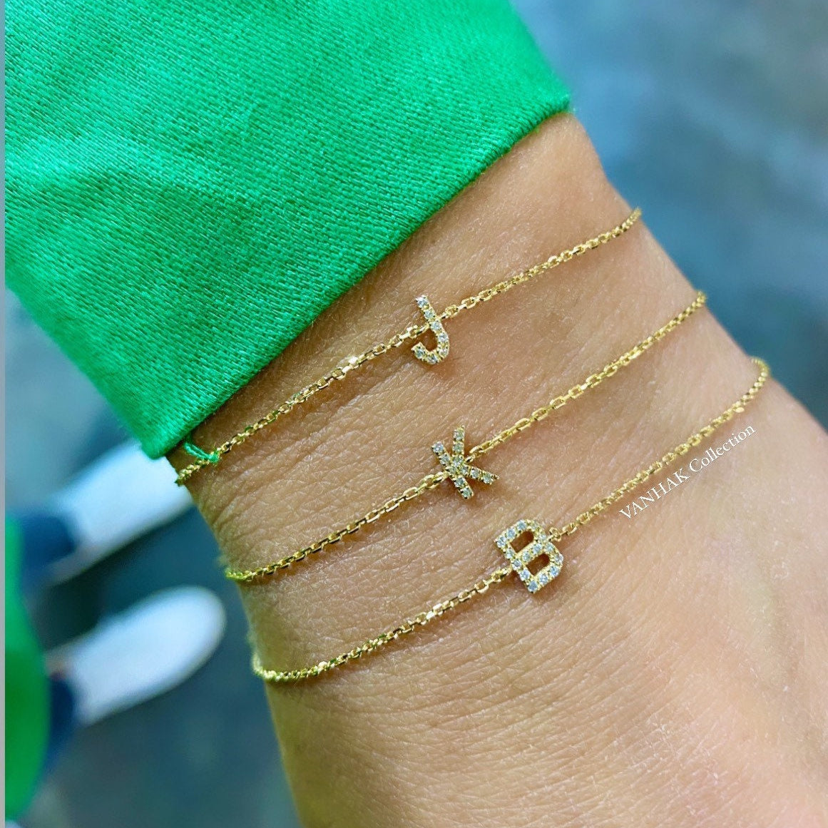 14K gold and diamonds initial bracelet | custom 14K gold letter bracelet | personalized 14K gold and diamonds mini pave initial bracelet