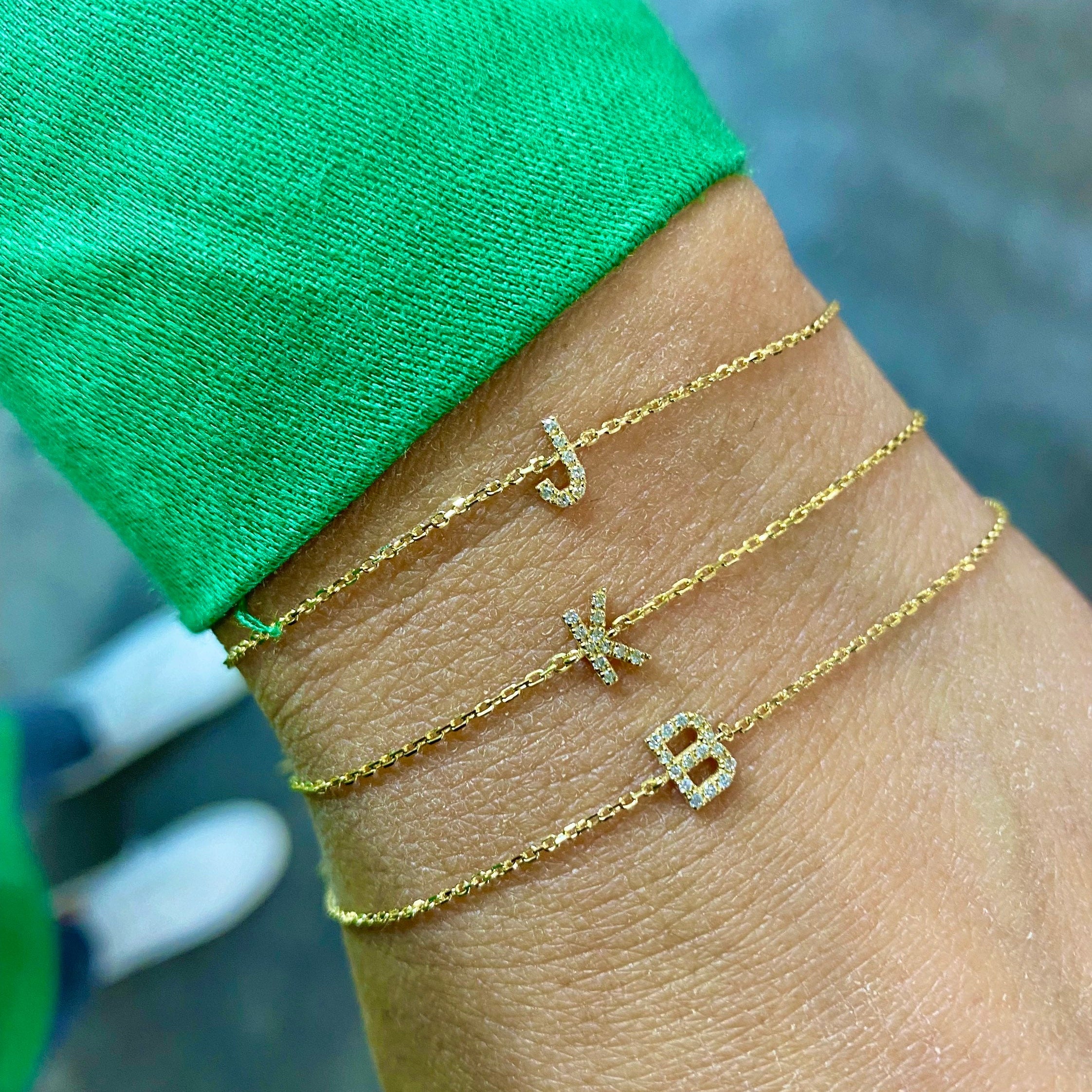 14K gold and diamonds initial bracelet | custom 14K gold letter bracelet | personalized 14K gold and diamonds mini pave initial bracelet