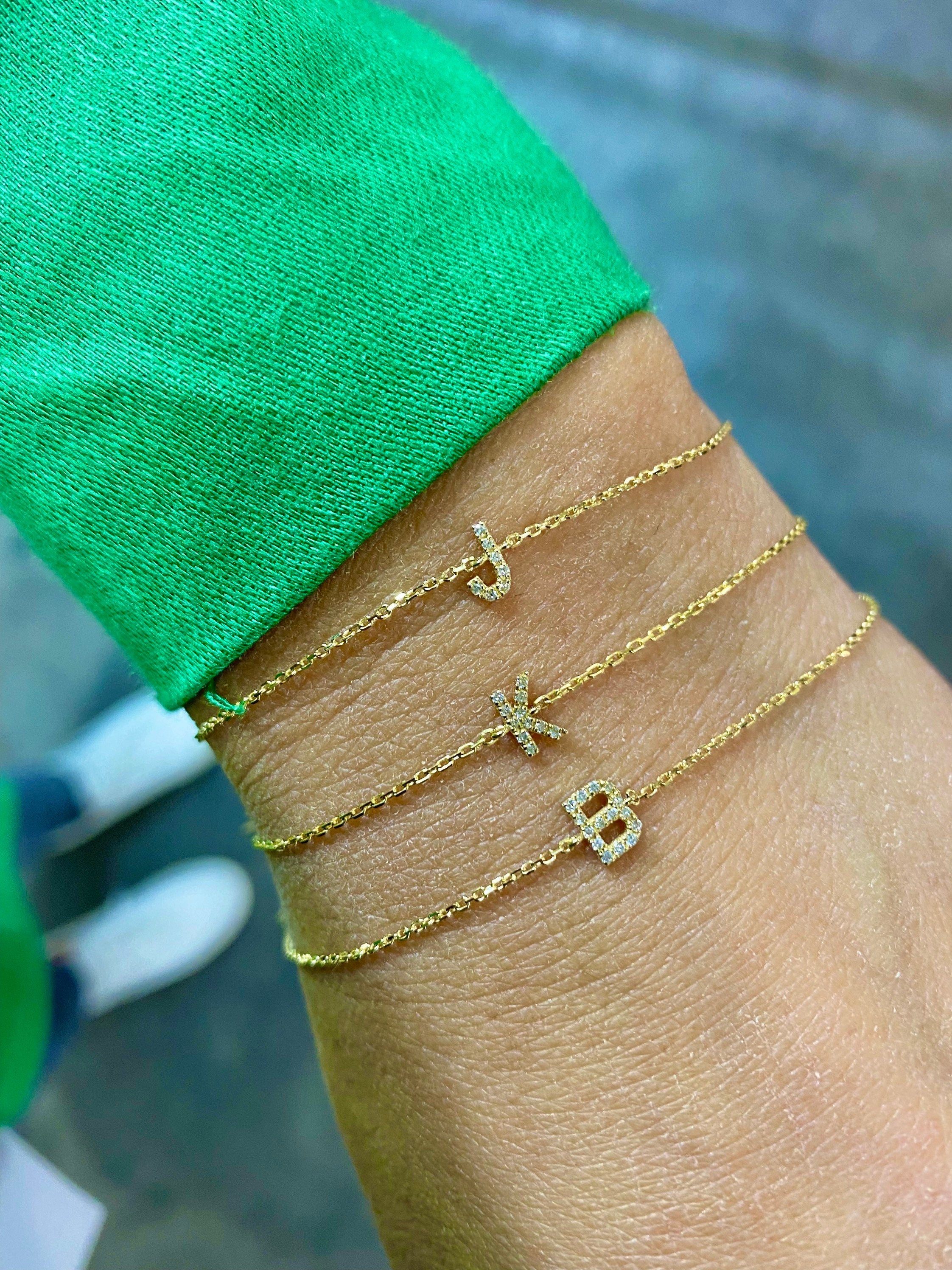 14K gold and diamonds initial bracelet | custom 14K gold letter bracelet | personalized 14K gold and diamonds mini pave initial bracelet